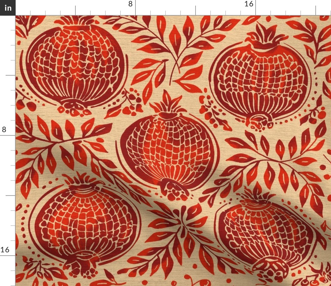 Red  pomegranates vintage blockprint style on light yellow linen background - medium scale