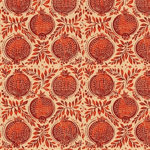 Red  pomegranates vintage blockprint style on light yellow linen background - small scale