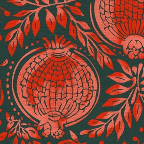 Red / pink  pomegranates vintage blockprint style dark green linen background - large scale