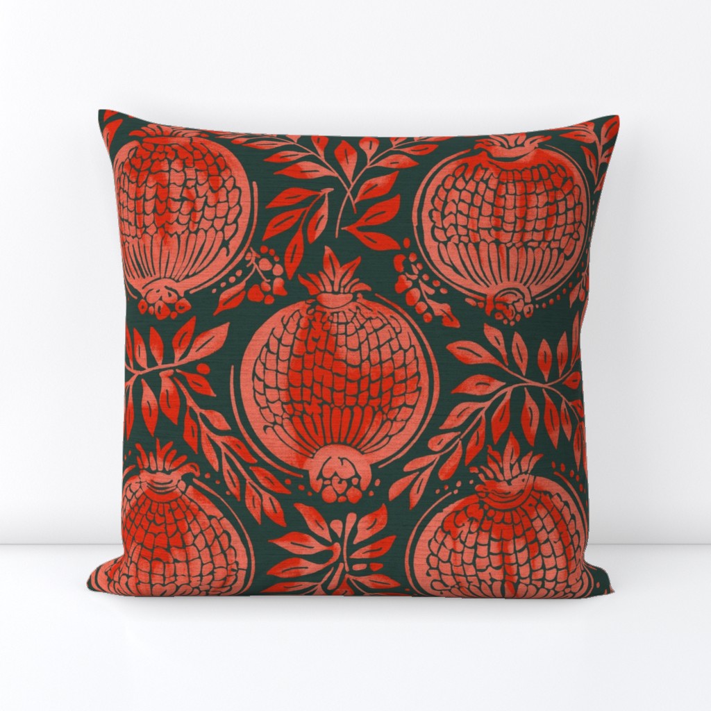 Red / pink  pomegranates vintage blockprint style dark green linen background - medium scale