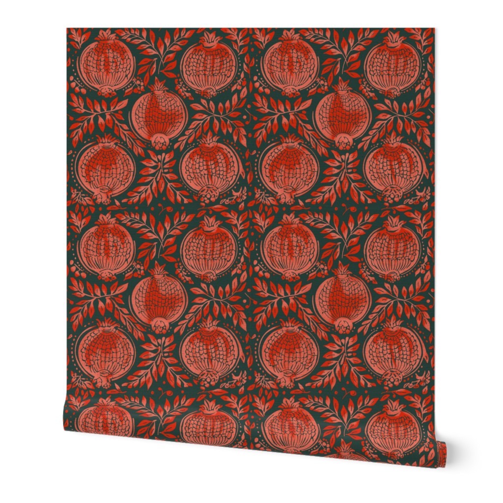 Red / pink  pomegranates vintage blockprint style dark green linen background - medium scale