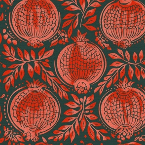 Red / pink  pomegranates vintage blockprint style dark green linen background - medium scale