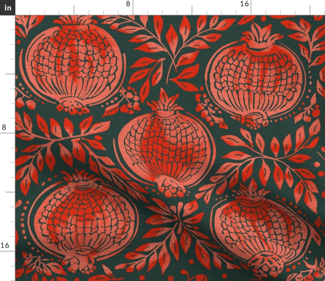 Red / pink  pomegranates vintage blockprint style dark green linen background - medium scale