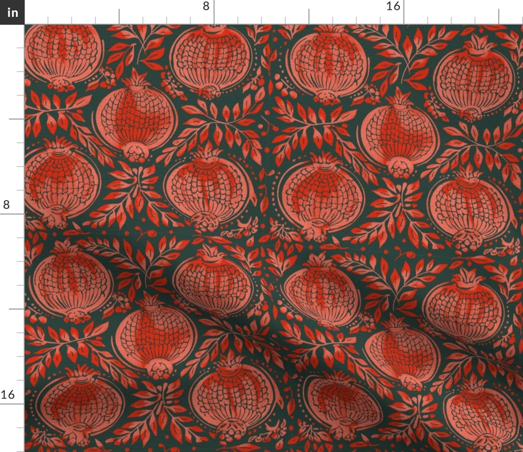 Red / pink  pomegranates vintage blockprint style dark green linen background - small scale