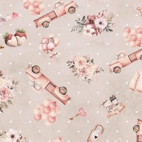 Valentines day fabric with hearts, pink trucks, sweaters, and flowers.  A mix of Shabby Chic, Farm Girl and Farmhouse.  Taupe, peach and Pink. 