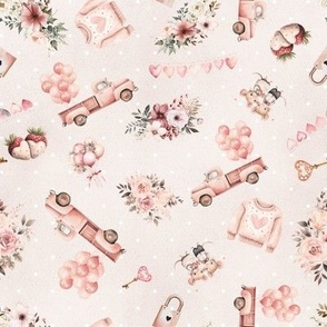 Valentines day fabric with hearts, pink trucks, sweaters, and flowers.  A mix of Shabby Chic, Farm Girl and Farmhouse.  Cream, Peach and Pink. 
