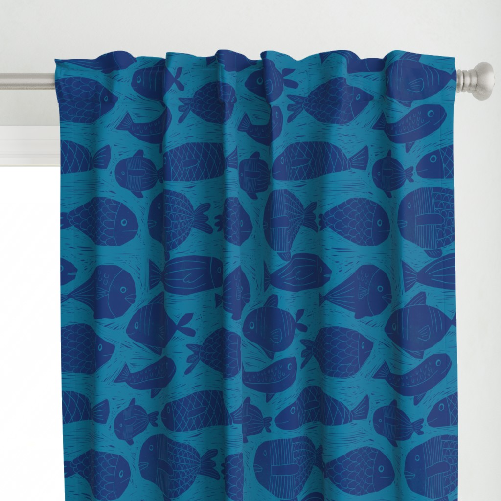 Fish block print style blue on blue