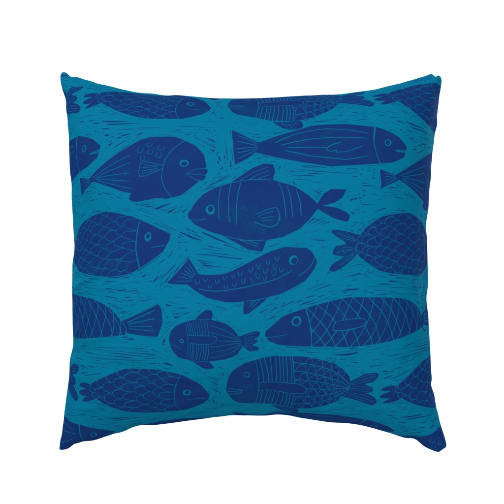 Fish block print style blue on blue