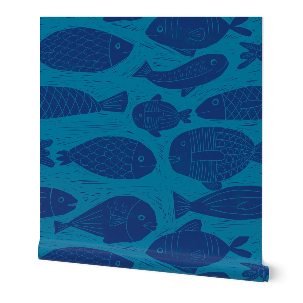 Fish block print style blue on blue