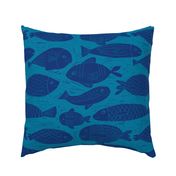 Fish block print style blue on blue