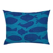 Fish block print style blue on blue