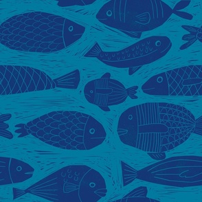 Fish block print style blue on blue