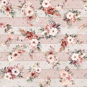 Shabby Chic Floral Fabric with light pink stripes,  polka dots  and  flowers on a textured background 