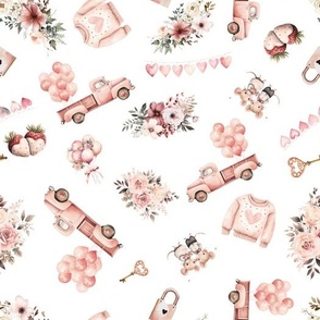Valentines day fabric with hearts, pink trucks, sweaters, and flowers.  A mix of Shabby Chic, Farm Girl and Farmhouse.  White Background 