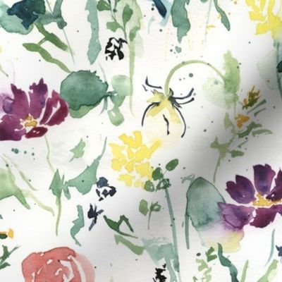 large - Summer flower field - hand-painted watercolor multicolor loose florals - cosmos_ roses_ wildflowers