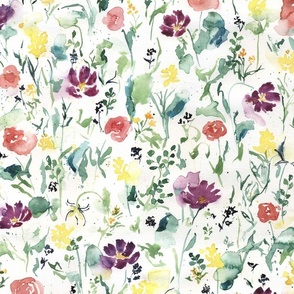 large - Summer flower field - hand-painted watercolor multicolor loose florals - cosmos_ roses_ wildflowers