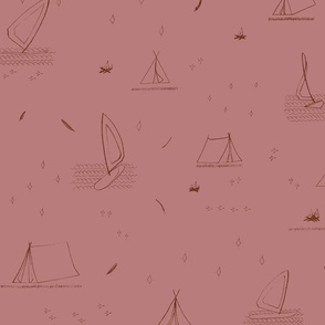 LARGE - Minimalist Lake Life Scene - windsurfers, waves, tents, campfires, feathers, stars - puce