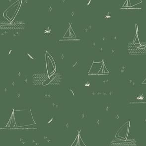 LARGE - Minimalist Lake Life Scene - windsurfers, waves, tents, campfires, feathers, stars - green