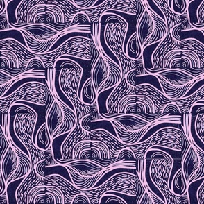 Hand carved and printed block of botanical style in stairstep fashion purple and pink