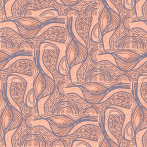 Hand carved and printed block of botanical style in stairstep fashion peach and lilac