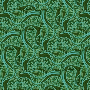 Hand carved and printed block of botanical style in stairstep fashion green and blue