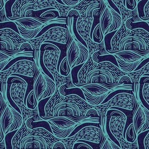 Hand carved and printed block of botanical style in stairstep fashion navy and aqua