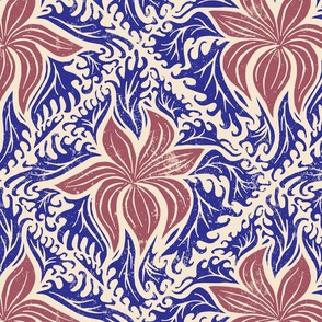 Block print inspired floral - blue and red on cream