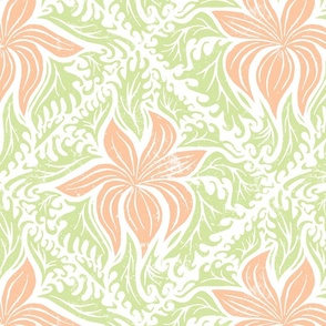 Block print inspired floral - peach and lime on white