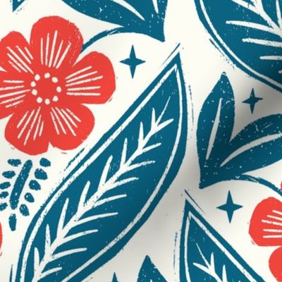 XL - Daisy Block Print - Red and Blue