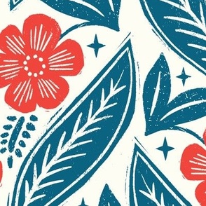Block Print Red Blue Fabric, Wallpaper and Home Decor