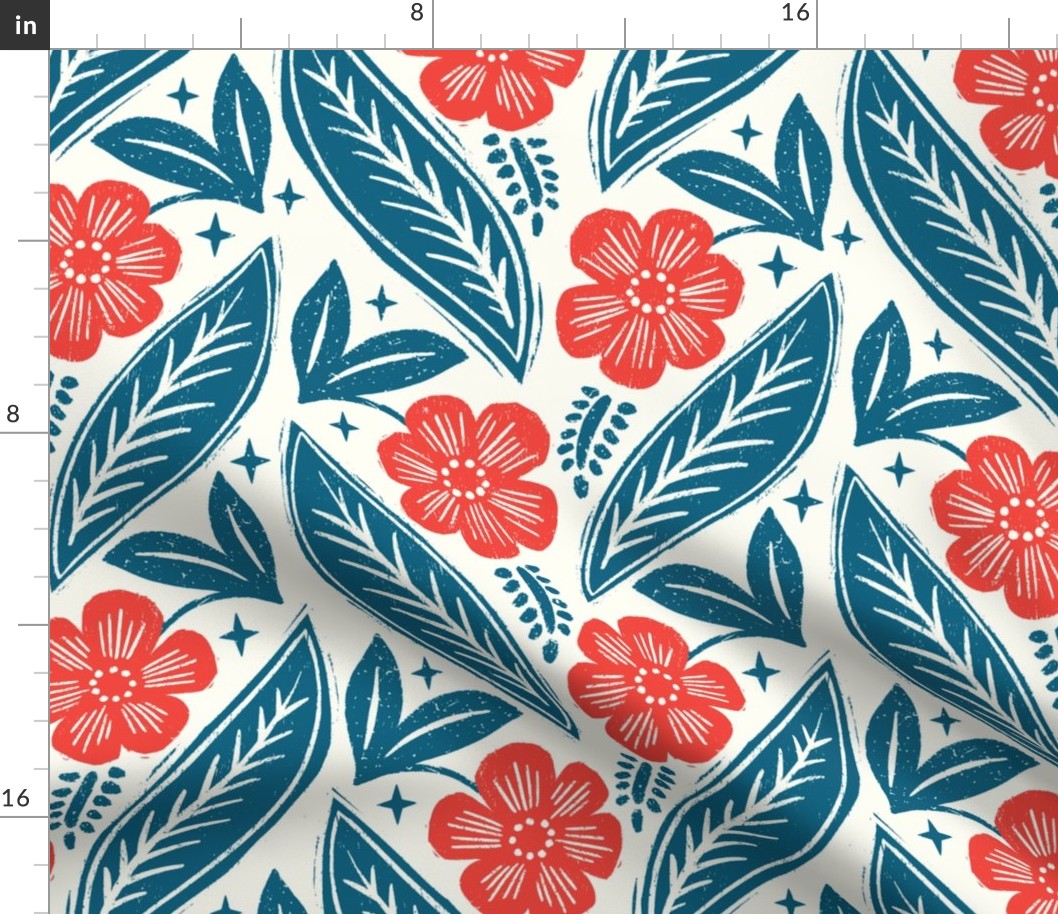 XL - Daisy Block Print - Red and Blue