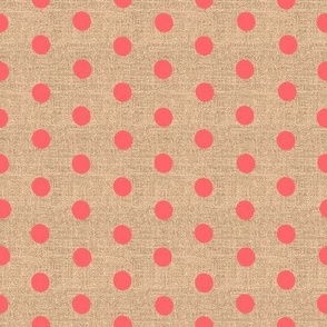 Pantone peach fuzz isometric  polka dots in Georgia peach coral on buff burlap faux texture 8” repeat