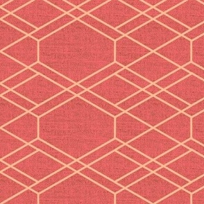 Peach fuzz blender isometric geometric lines in peach fuzz cream on Georgia peach coral burlap hessian textured 12” repeat