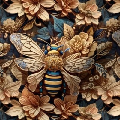 Honey Bees Faux Embroidery / 3D / Bees and Flowers / Teal, Gold, and Black / Jumbo Wallpaper