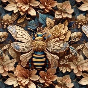 Honey Bees Faux Embroidery / 3D / Bees and Flowers / Teal, Gold, and Black / Jumbo Wallpaper