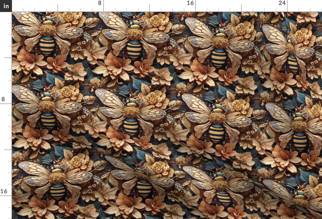 Honey Bees Faux Embroidery / 3D / Bees and Flowers / Teal, Gold, and Black / Jumbo Wallpaper