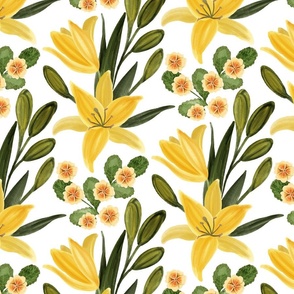 Yellow Lilies and Primroses on White Background Large Scale