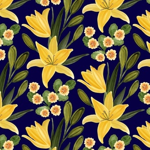 Yellow Lilies  and Primroses  on Navy Blue Background Large Scale