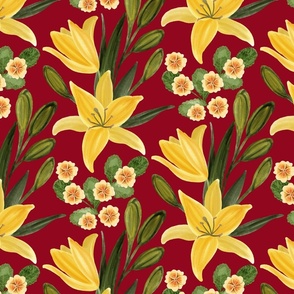 Yellow Lilies  and Primroses  on Red Background Large Scale