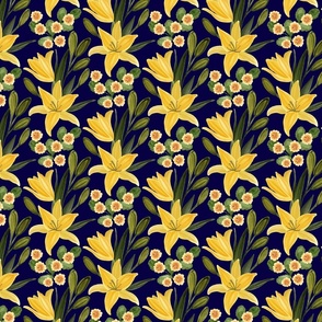  Yellow Lilies  and Primroses  on Navy Blue  Background Small Scale