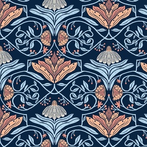 Geometric Peach, Navy Blue, and Sky Blue Botanical Lily and Daisy Symmetry - L