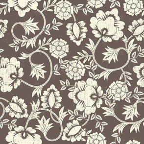 Negative block print retro brown damask 