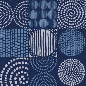 Abstract Indaco Blue Monochromatic Grid with Spirals, Circles and Squares, Large Scale