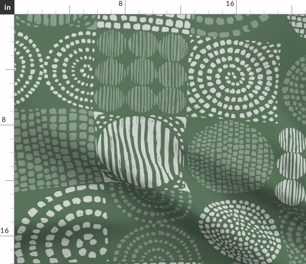 Abstract Salvia Green Monochromatic Grid with Spirals,  Circles and Squares, Large Scale