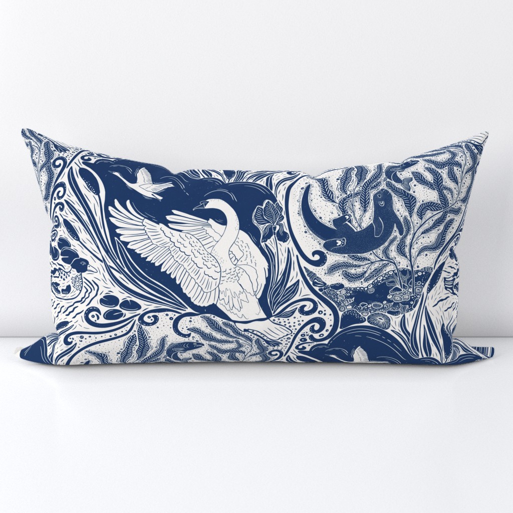 Water Life (M)-Block Print-Swan Otter Fish Duck Shell Greenery- Navy Blue