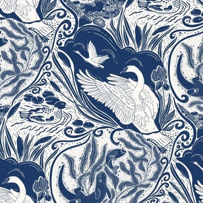 Water Life (M)-Block Print-Swan Otter Fish Duck Shell Greenery- Navy Blue