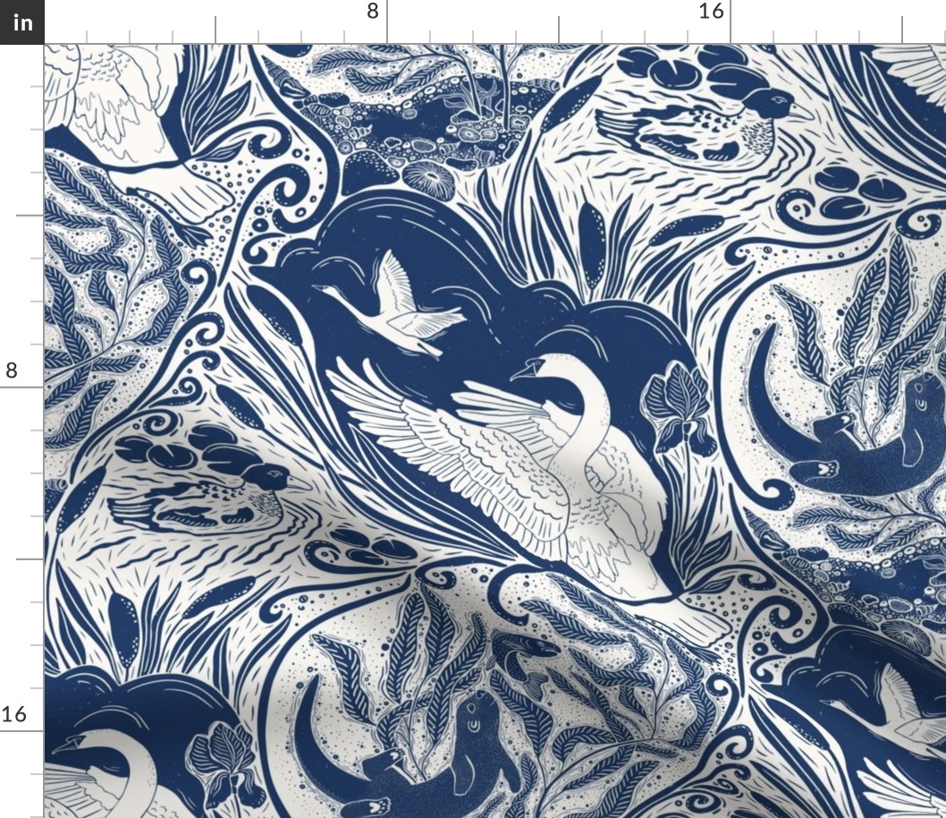 Water Life (M)-Block Print-Swan Otter Fish Duck Shell Greenery- Navy Blue