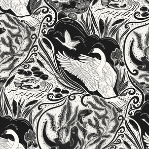 Water Life (M)-Block Print-Swan Otter Fish Duck Shell Greenery- Grey-Black