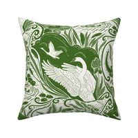 Water Life (M) -Block Print-Swan Otter Fish Duck Shell Greenery- Green 