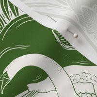 Water Life (M) -Block Print-Swan Otter Fish Duck Shell Greenery- Green 